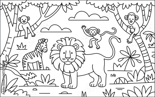 Adorable Line Art Safari Animals: Lion, Zebra, Monkeys in Jungle