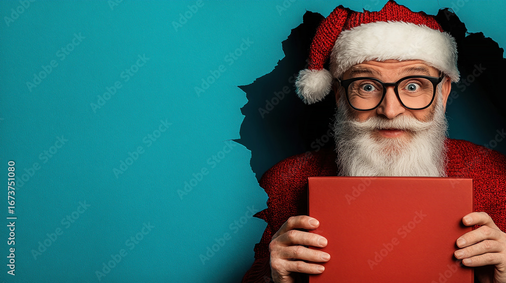 Naklejka premium Emotional Santa Claus with red box in his hands looks through torn hole of blue paper background jumping, points his hand to empty place of copy space background. Xmas copy space