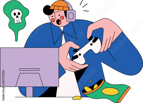Man Playing Video Games on Computer Illustration