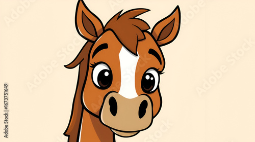 Funny cartoon horse head with sly eyes looking at camera, drawn with simple black curved lines and casually colored in warm color