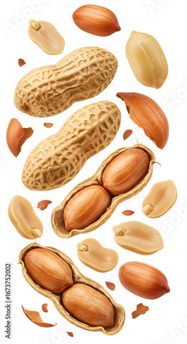 Raw and shelled peanuts isolated on white background, healthy snack and ingredient for recipes