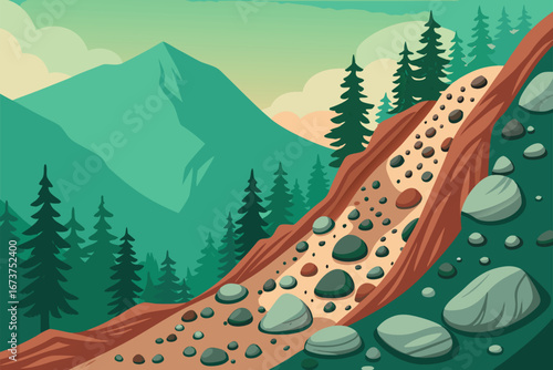 Dramatic poster, terrifying landslide, massive rocks cascade down steep mountain, geological disaster, earth moving, chaotic destruction, natural hazard, powerful forces.