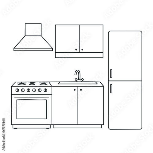 Modern kitchen layout design home interior graphic illustration minimalist style front view functional spaces. Vector illustration