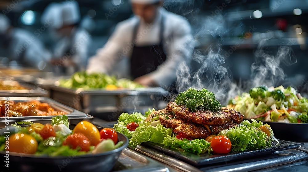 Fototapeta premium Bright, modern corporate cafeteria buffet line, with a fresh, crisp salad bar in the foreground and steam rising from hot food in stainless steel chafing dishes.