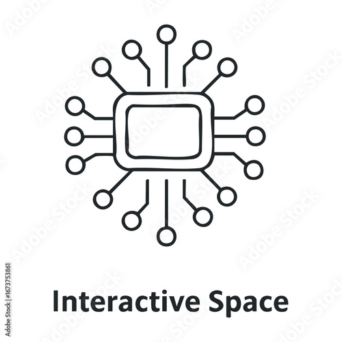 Exploring interactive space technology virtual environments digital art showcase contemporary design creative perspective. Vector illustration
