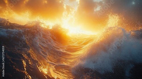 Golden sun bursts through stormy sea waves