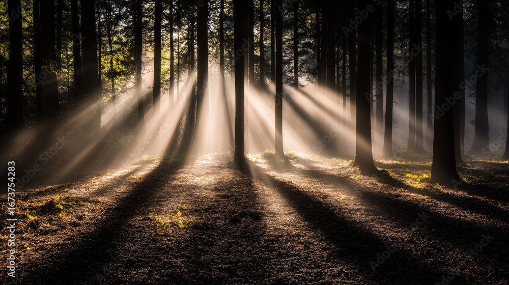 Fototapeta premium Dramatic sun rays piercing through forest trees in morning light