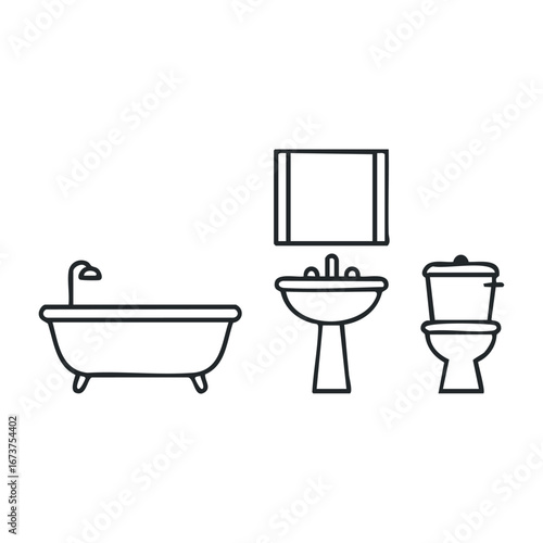 Home bathroom essentials bathtub sink and toilet for modern spaces. Vector illustration