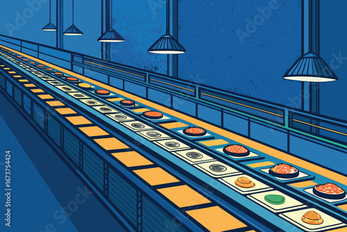 Vibrant neon-lit sushi conveyor belt poster, showcasing diverse fresh sushi, energetic atmosphere, modern Japanese restaurant, delectable dining experience.