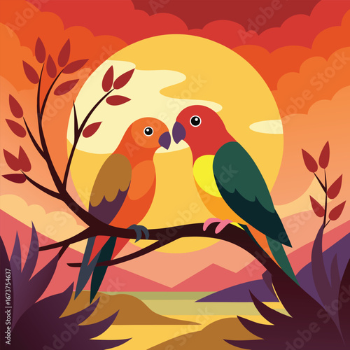 Lovebirds on Branch at Sunset