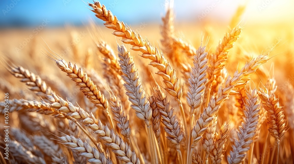 Fototapeta premium Golden wheat field bathed in sunlight