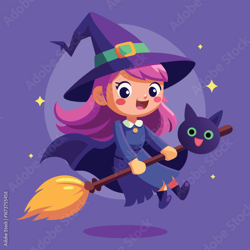 Cute Little Witch Flying on Broom