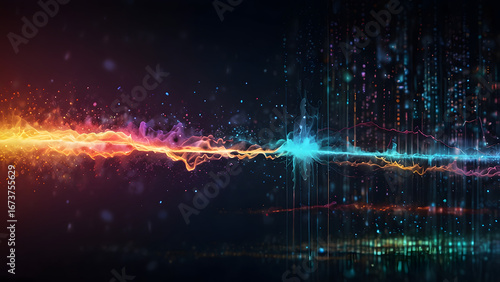 Wallpaper Mural Abstract vibrant glowing cosmic dust merging in the center, abstract background with colliding energies forming a vibrant horizontal beam of light, 3D rendering of red and blue lightning bolts. Torontodigital.ca