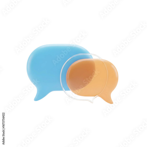 3D rendered blue and orange speech bubbles overlapping, representing communication or conversation.