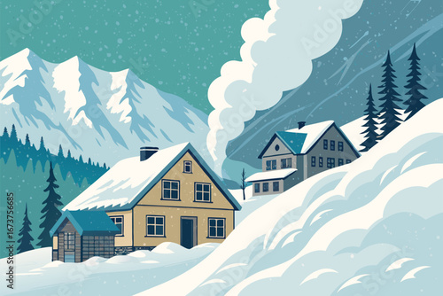 Majestic avalanche engulfs a quaint snow-covered village, a powerful display of nature's force.