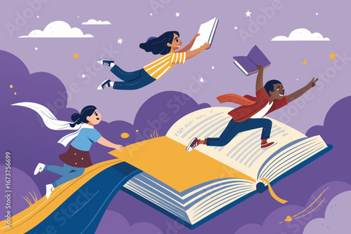 Whimsical poster Children flying with books, promoting literacy, imagination, knowledge, adventure, education, dreams, learning, discovery, empowerment.