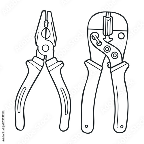 Pliers and wire cutters tools for diy projects workshop technical drawing indoor close-up craftsmanship. Vector illustration