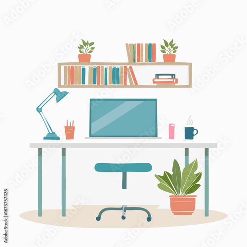 Productive and cozy flat vector home office workspace with laptop, books, plants, and coffee setup
