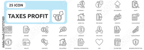 Taxes Profit icon set outline style with profit, earning, deposit, tax growth, audit, home tax, pro bono, tax office, tax record, business protection icons