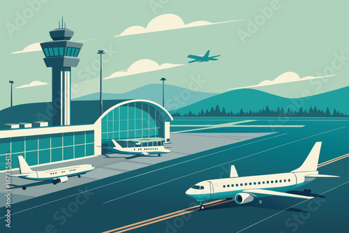 A vibrant poster showcasing a futuristic eco-airport with a sleek electric airplane taking off, symbolizing sustainable aviation and a greener future.