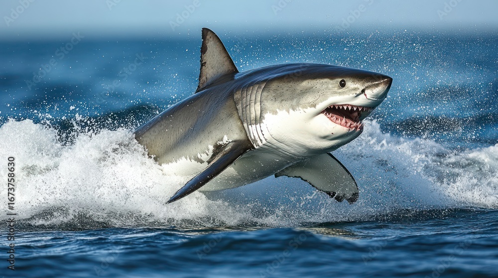 Fototapeta premium Great white shark leaping, ocean waves, wildlife documentary