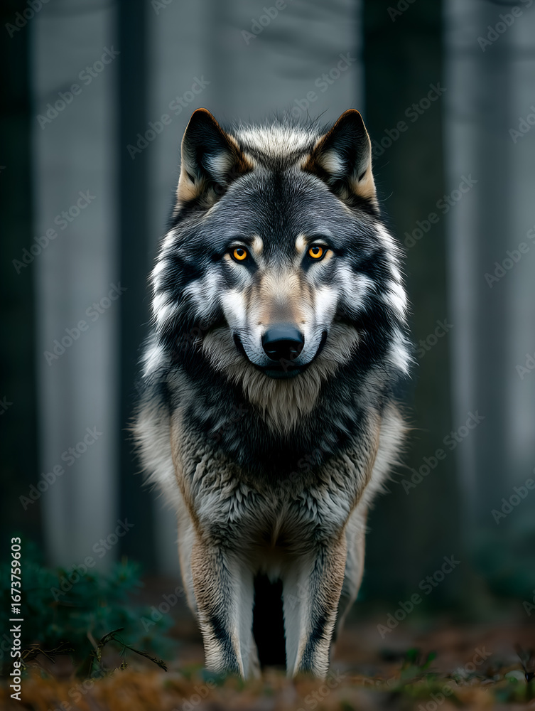 Obraz premium A striking close-up of a gray wolf standing alert in a misty forest, showcasing its piercing golden eyes and thick fur in a natural habitat.
