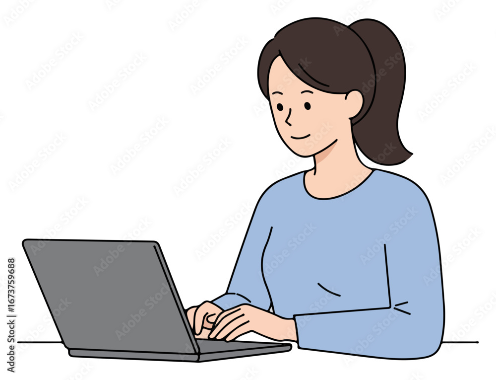 A woman sits at a desk, focused on using a laptop computer. A woman sits at a desk, focused on using a laptop computer.