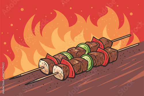 Delicious lamb skewer kebabs, expertly grilled, with a vibrant, glowing fire effect, presented on a striking poster.