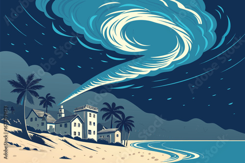 A powerful hurricane cyclone spins violently above a stark coastal landscape, depicting environmental forces.