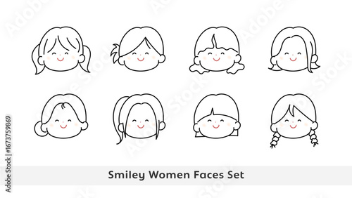 笑顔の女性 顔アイコンセット 線画