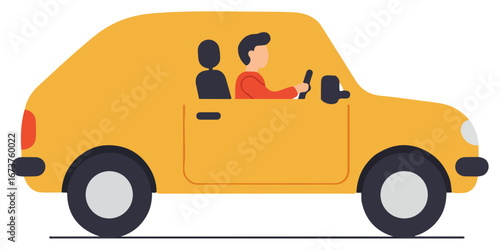 A yellow car with two passengers drives along a road.
