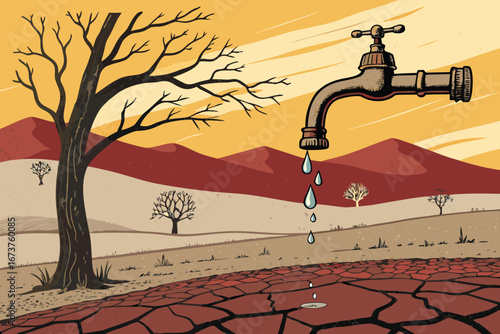 Poster dripping faucet transforms into arid desert landscape, symbolizing water scarcity, drought.