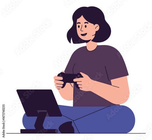 Woman sitting cross-legged, playing a video game with a controller in front of a screen.