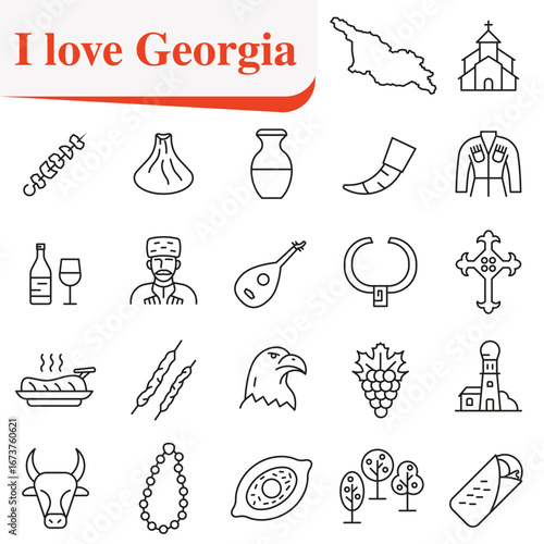 Set of icons illustrating symbols and traditions of Georgia. Suitable for advertising, guidebooks.