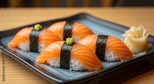 Freshly prepared salmon nigiri sushi on a square plate.