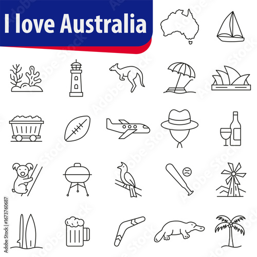 Set of icons of Australian symbols. Suitable for content about Australian culture, history and heritage.