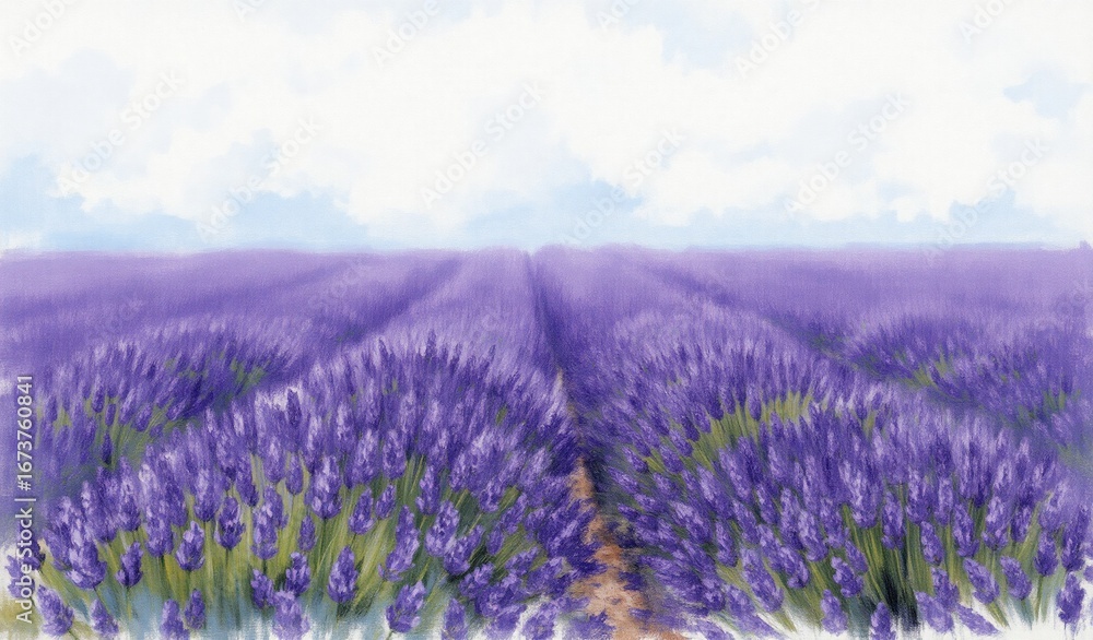 Obraz premium A picturesque landscape featuring endless rows of vibrant purple lavender flowers stretching towards the horizon under a soft sky.