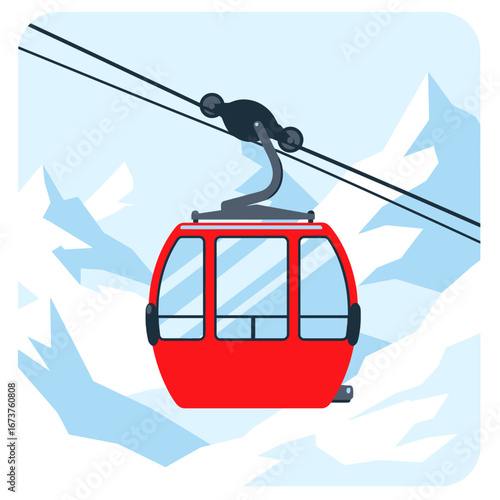 Red cable car minimalist style snowy mountain peaks winter travel adventure