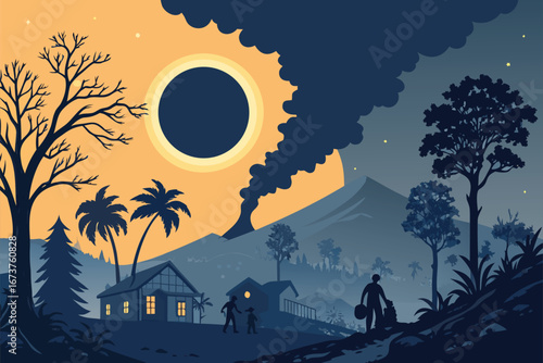 Striking poster, solar eclipse's dark umbra engulfing Earth's vibrant surface, celestial shadow spectacle.