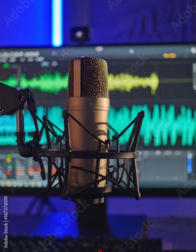 Close-up of a microphone in a recording studio