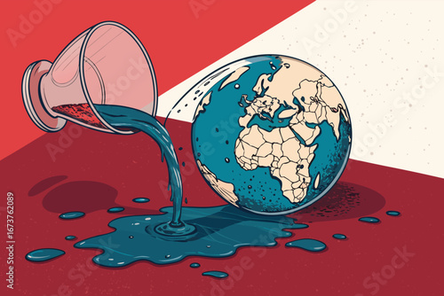 Earth shattering, fragments of broken glass, water pouring out, environmental crisis, ecological disaster.