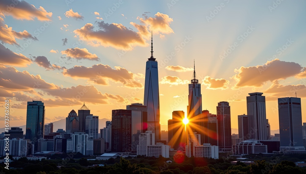 Naklejka premium Stunning Sunset Over City Skyline with Towering Skyscrapers and Vibrant Cloudscape