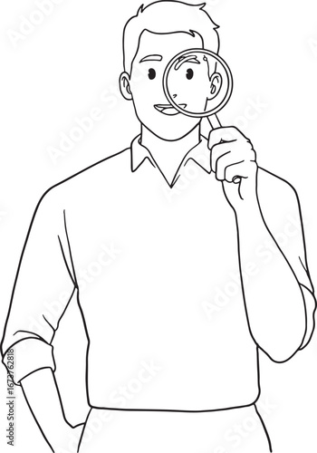 A hand-drawn illustration of a man with an inquisitive expression, holding a magnifying glass to his eye. This minimalist black and white line art is perfect for concepts of searching, inspection.