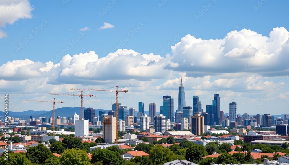 Fototapeta premium Vibrant Urban Skyline Under Bright Blue Sky with Dramatic Clouds and Construction Cranes in Background
