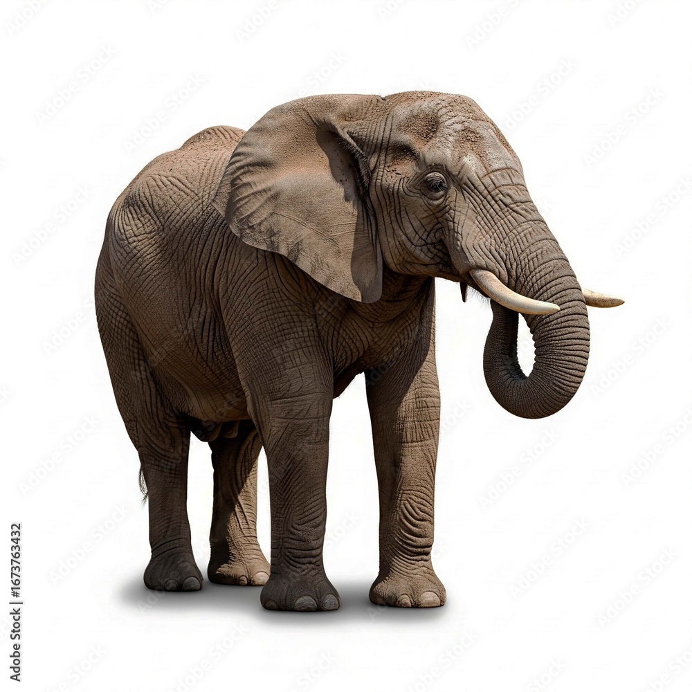 Obraz premium A massive African elephant with large ears and long tusks is isolated on a white background