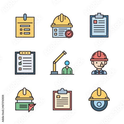 Construction icons denote project workflow progress checklist