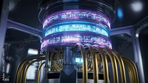 Quantum Computer Core Glowing - Low-angle dolly shot of a futuristic quantum computer's core unit. The core is illuminated with vibrant purple and blue glowing circuits, showcasing intricate