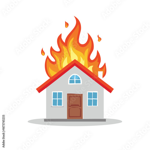 Cartoon illustration of a house on fire, flames engulfing the roof