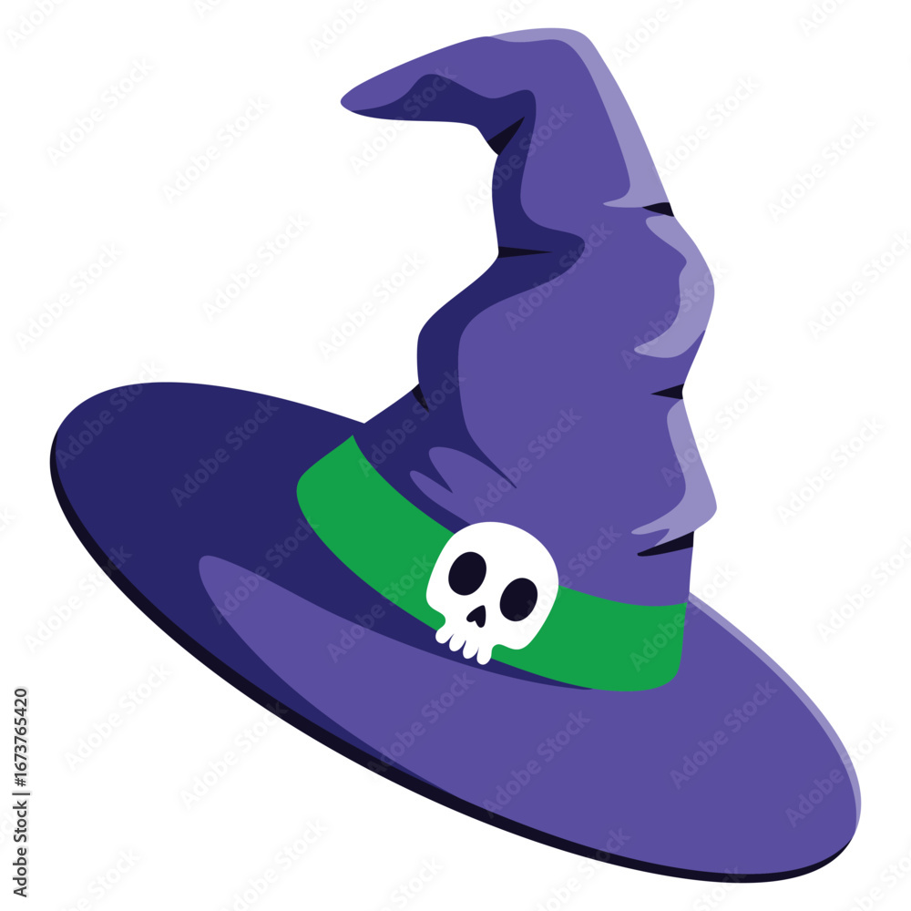 Fototapeta premium Witch hat with skull isolated on white background, flat vector illustration symbol of Halloween, spooky costume, witchcraft, magic, fantasy design and seasonal celebration scary visuals style