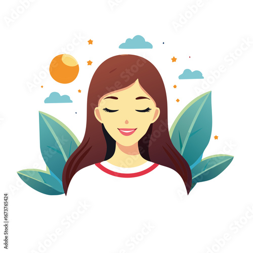 Woman Smiling with Eyes Closed surrounded by leaves, clouds, stars and sun
